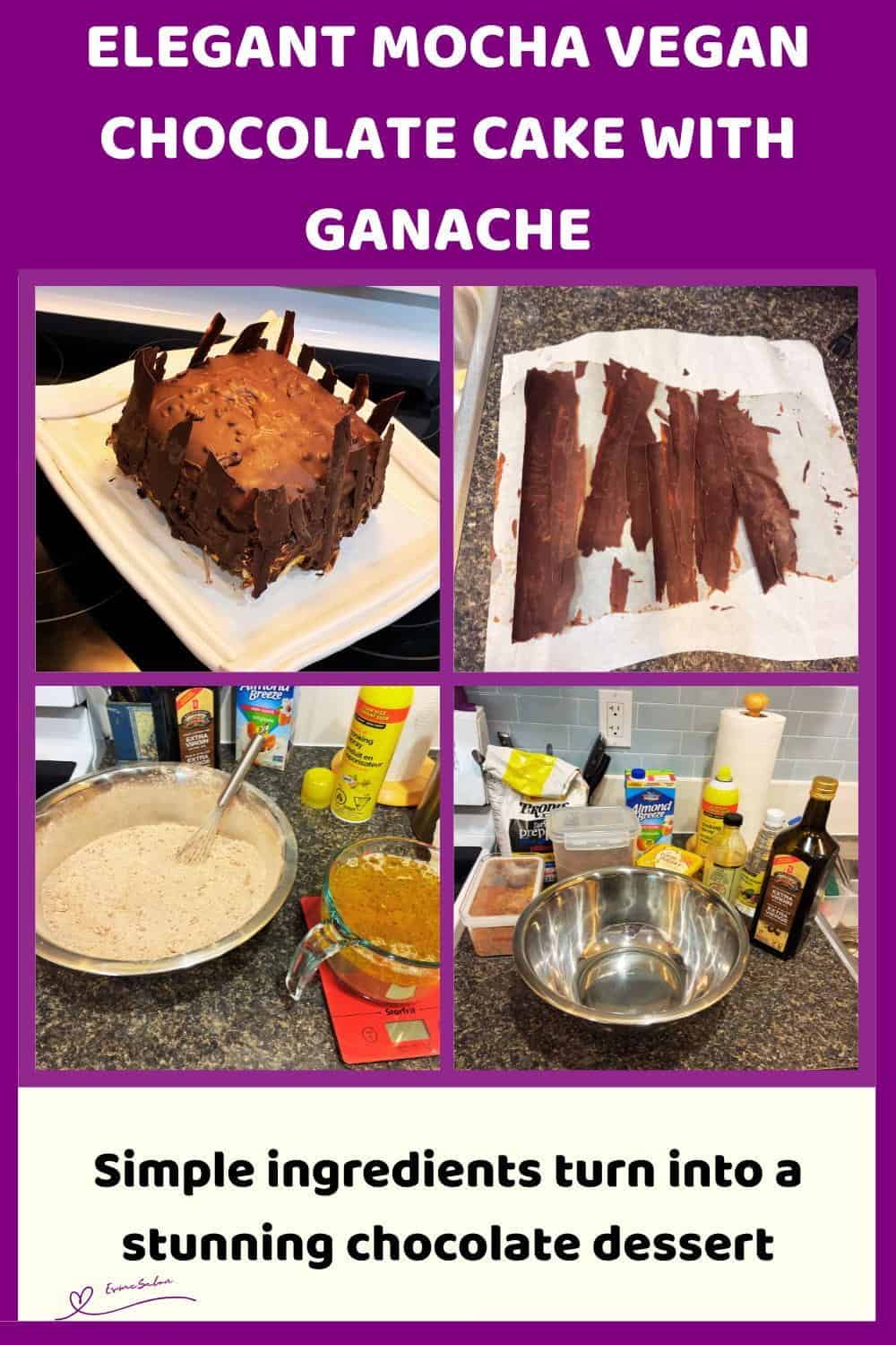 An image of a 3-layer Mocha Vegan Chocolate Cake with ganache and chocolate shards