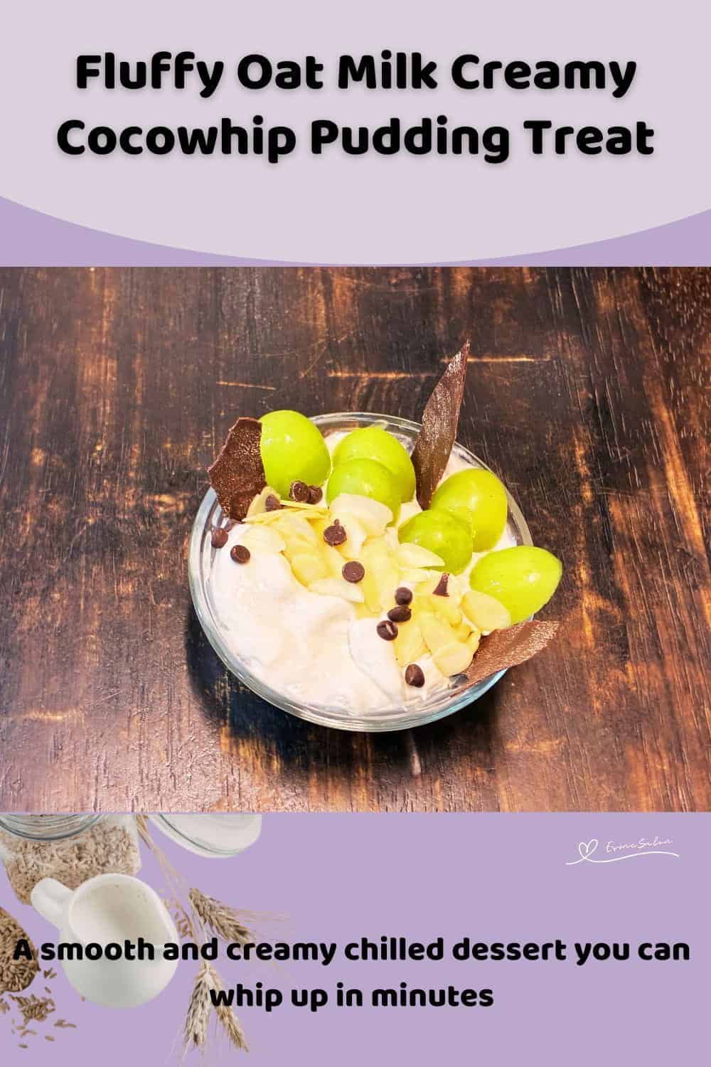 An image of a Creamy Cocowhip Pudding in a small bowl with grapes, slivered almonds and chocolate chips
