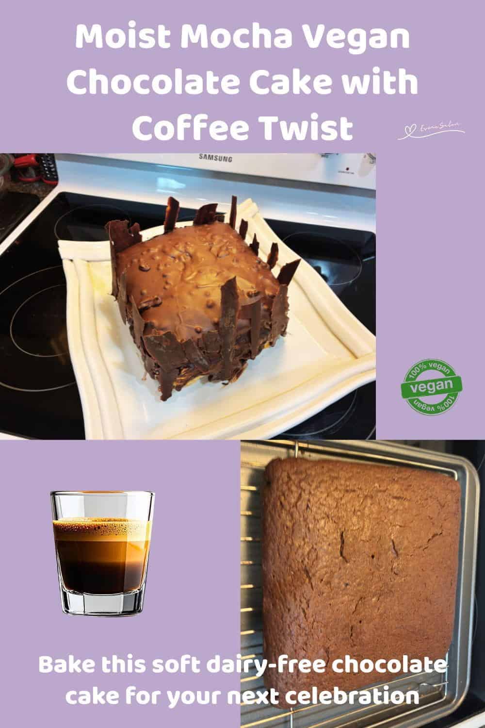 An image of a 3-layer Mocha Vegan Chocolate Cake with ganache and chocolate shards