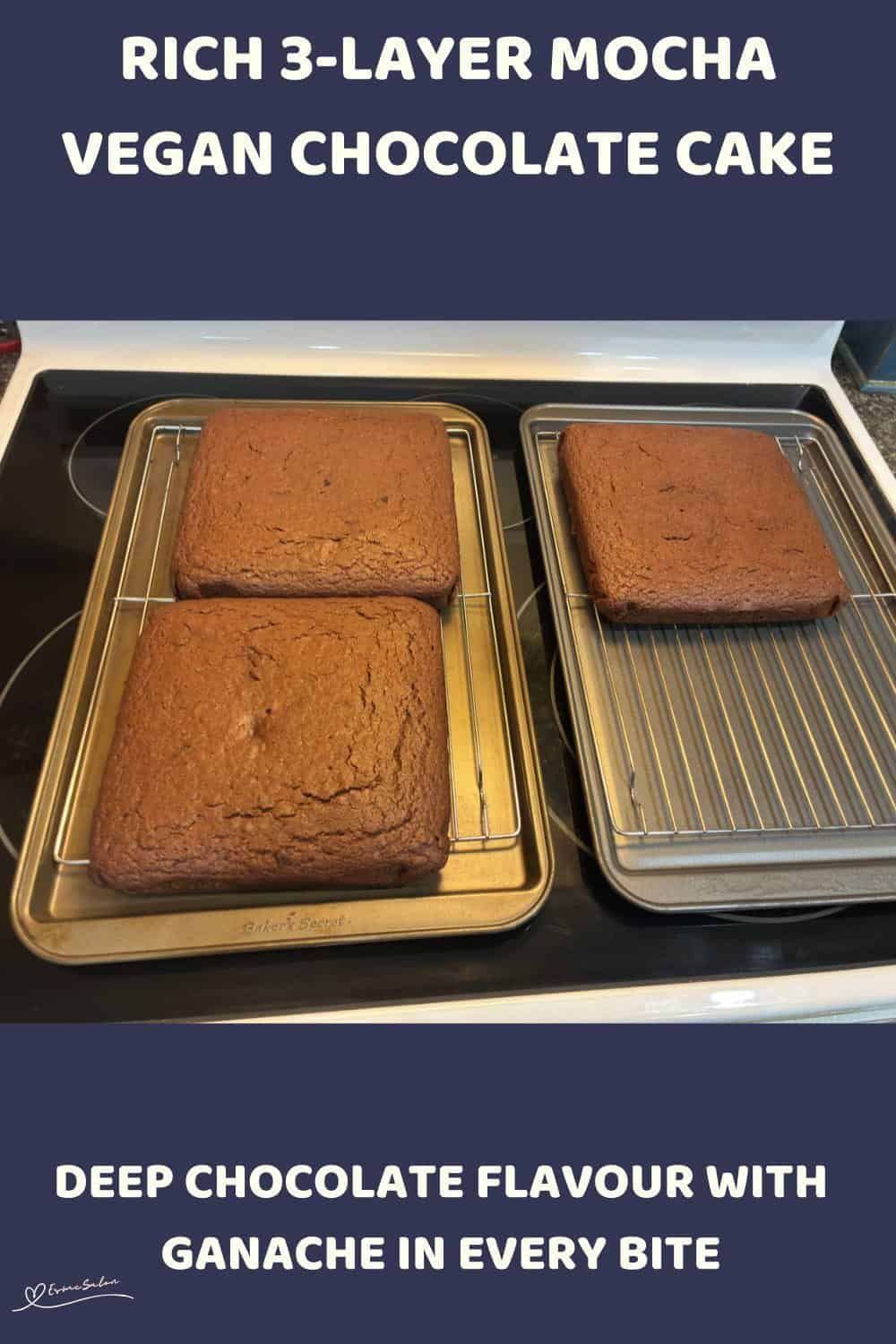 An image of a 3-layer Mocha Vegan Chocolate Cake with ganache and chocolate shards