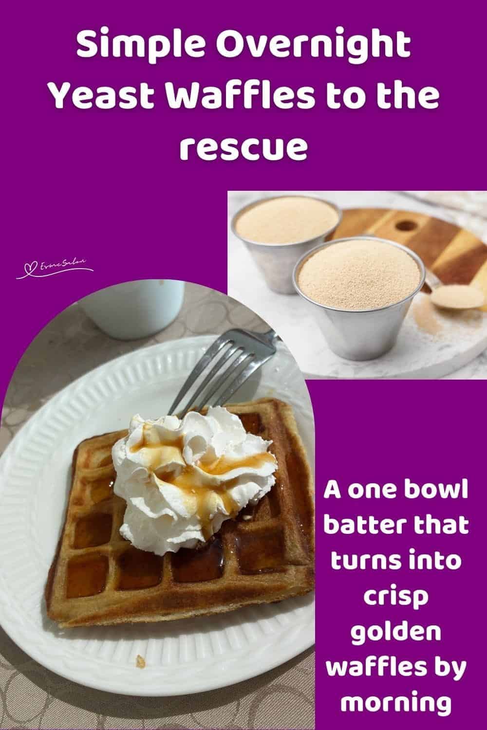 An image of Overnight Yeast Waffles dough, baked waffles and waffles with maple syrup and cream on a white side plate