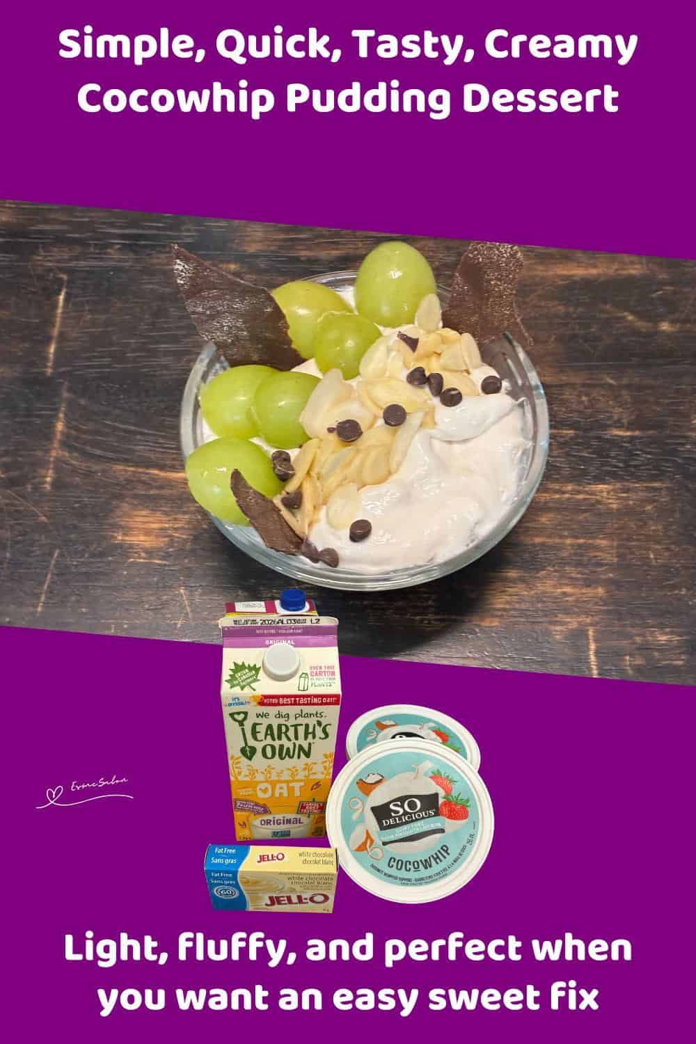 An image of a Creamy Cocowhip Pudding in a small bowl with grapes, slivered almonds and chocolate chips