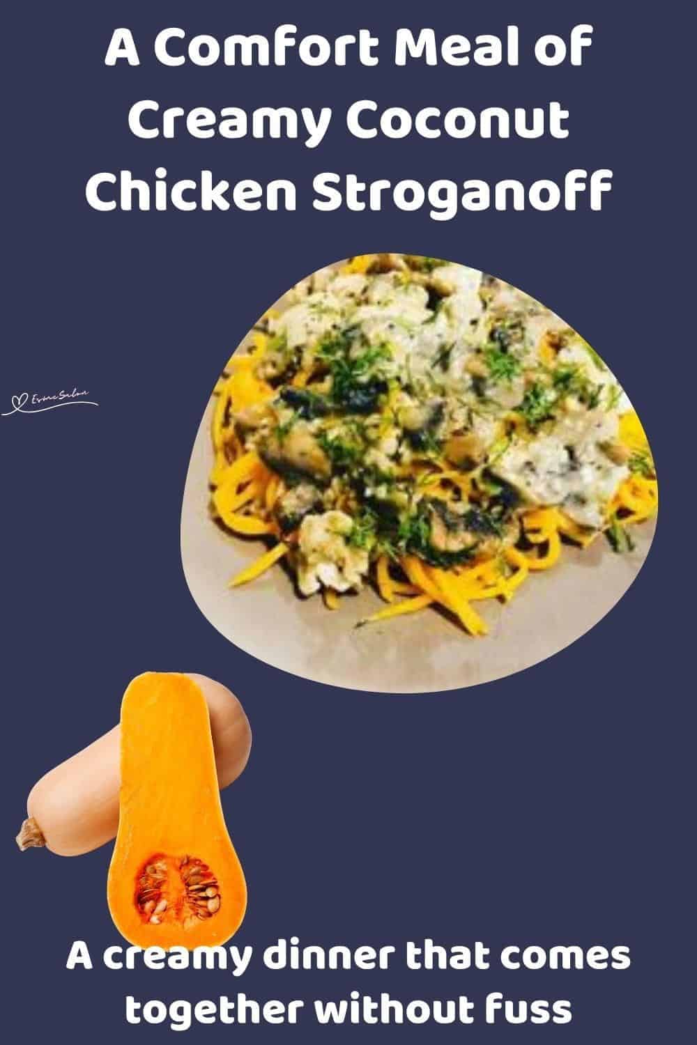 An image of a plate filled with Creamy Coconut Chicken Stroganoff and Butternut Noodles