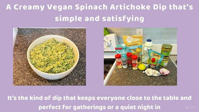 An image of a one-pot creamy vegan spinach artichoke dip made of raw cashew nuts