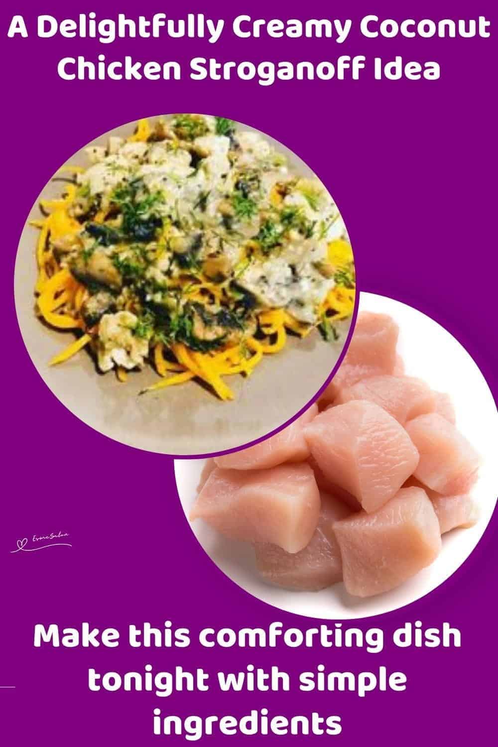 An image of a plate filled with Creamy Coconut Chicken Stroganoff and Butternut Noodles