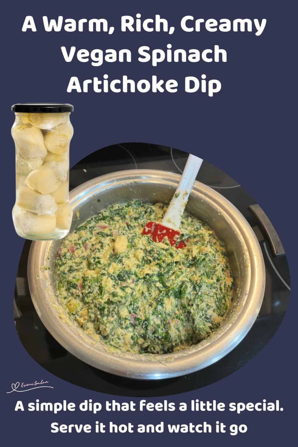 An image of a one-pot creamy vegan spinach artichoke dip made of raw cashew nuts