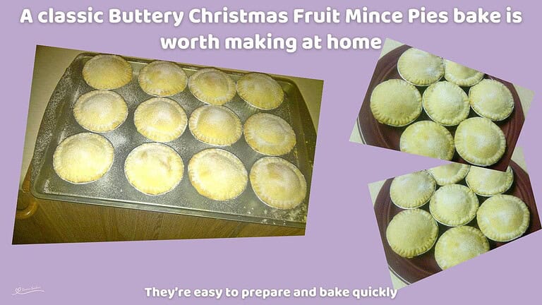 An image of a baking tray and wooden platter with Buttery Christmas Fruit Mince Pies