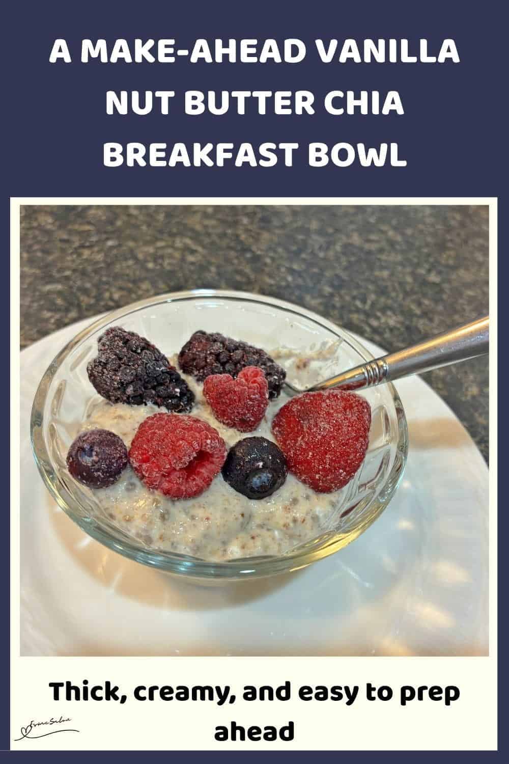 An image of a small glass bowl with Vanilla Nut Butter Chia Breakfast Bowl and topped with berries