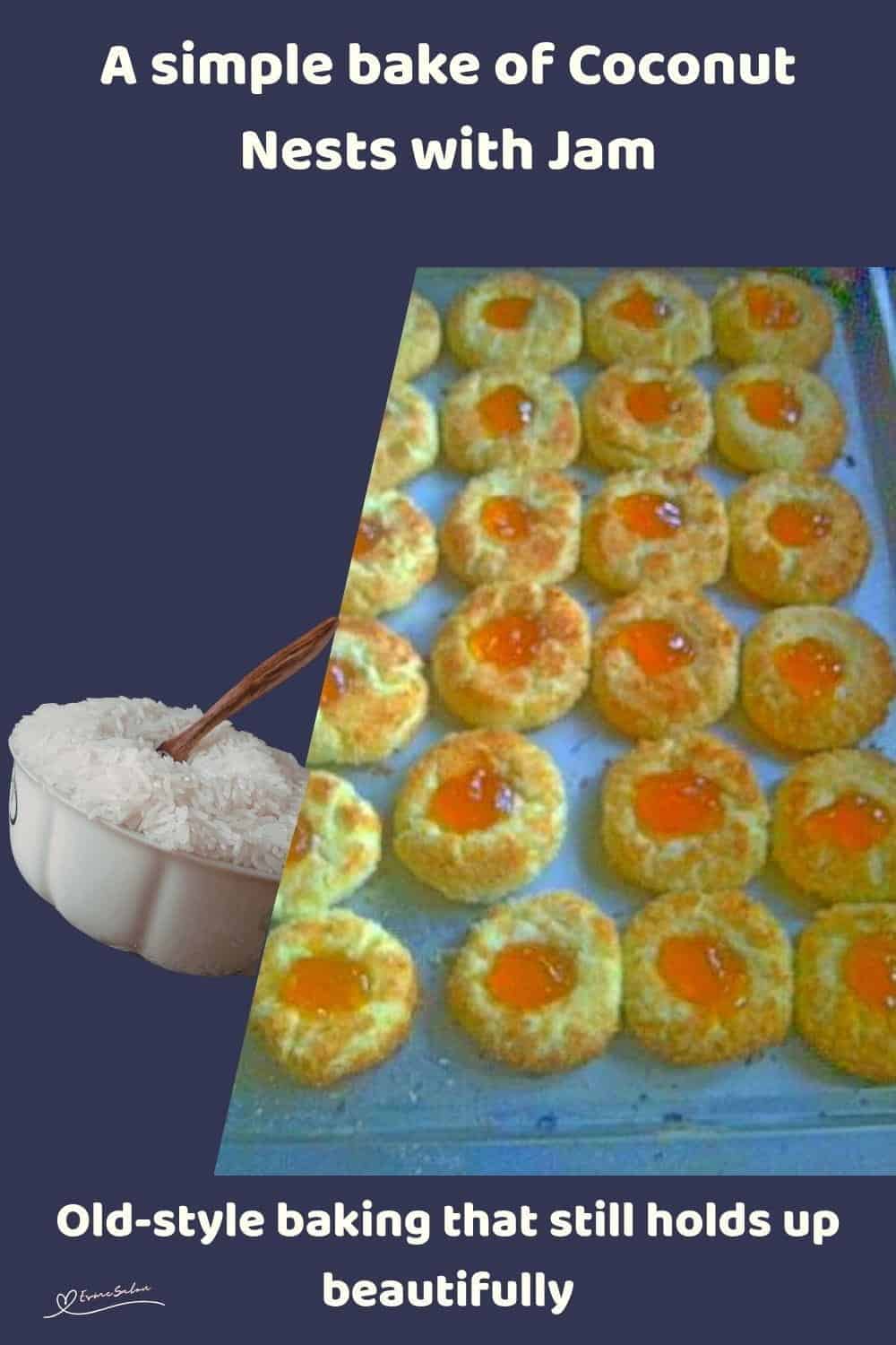 An image of Coconut Nests with Jam Centers on a blue platter