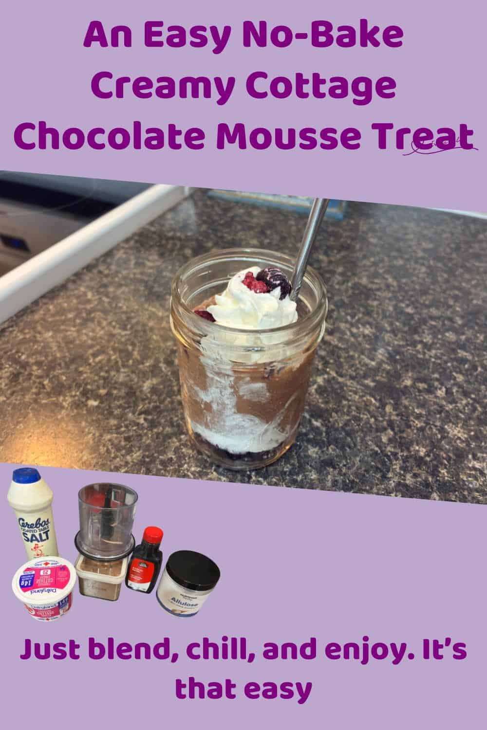 An image of a small Console jar with Creamy Cottage Chocolate Mousse, fruit and a dollop of cream
