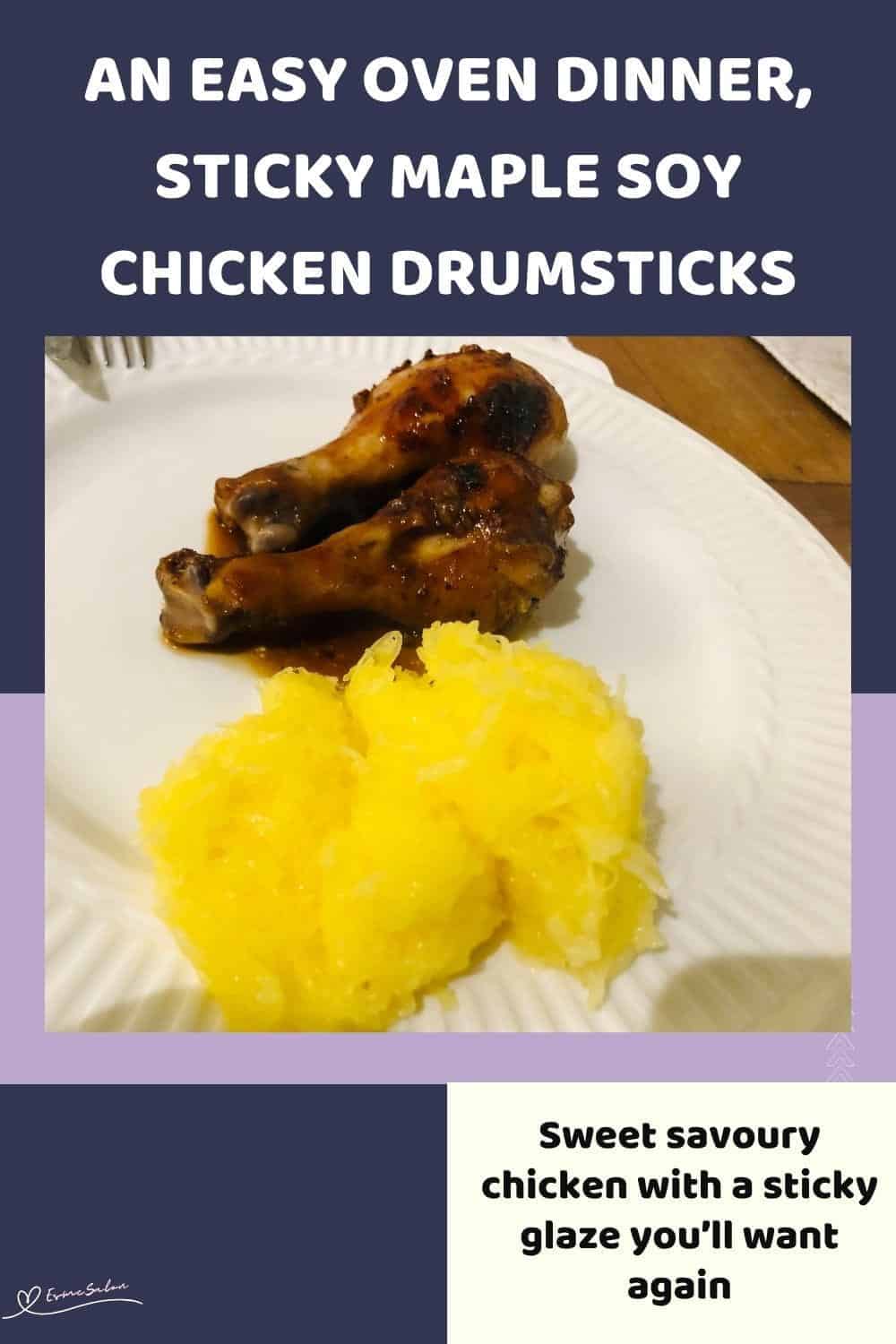 An image of Sticky Maple Soy Chicken Drumsticks with spaghetti squash on the side