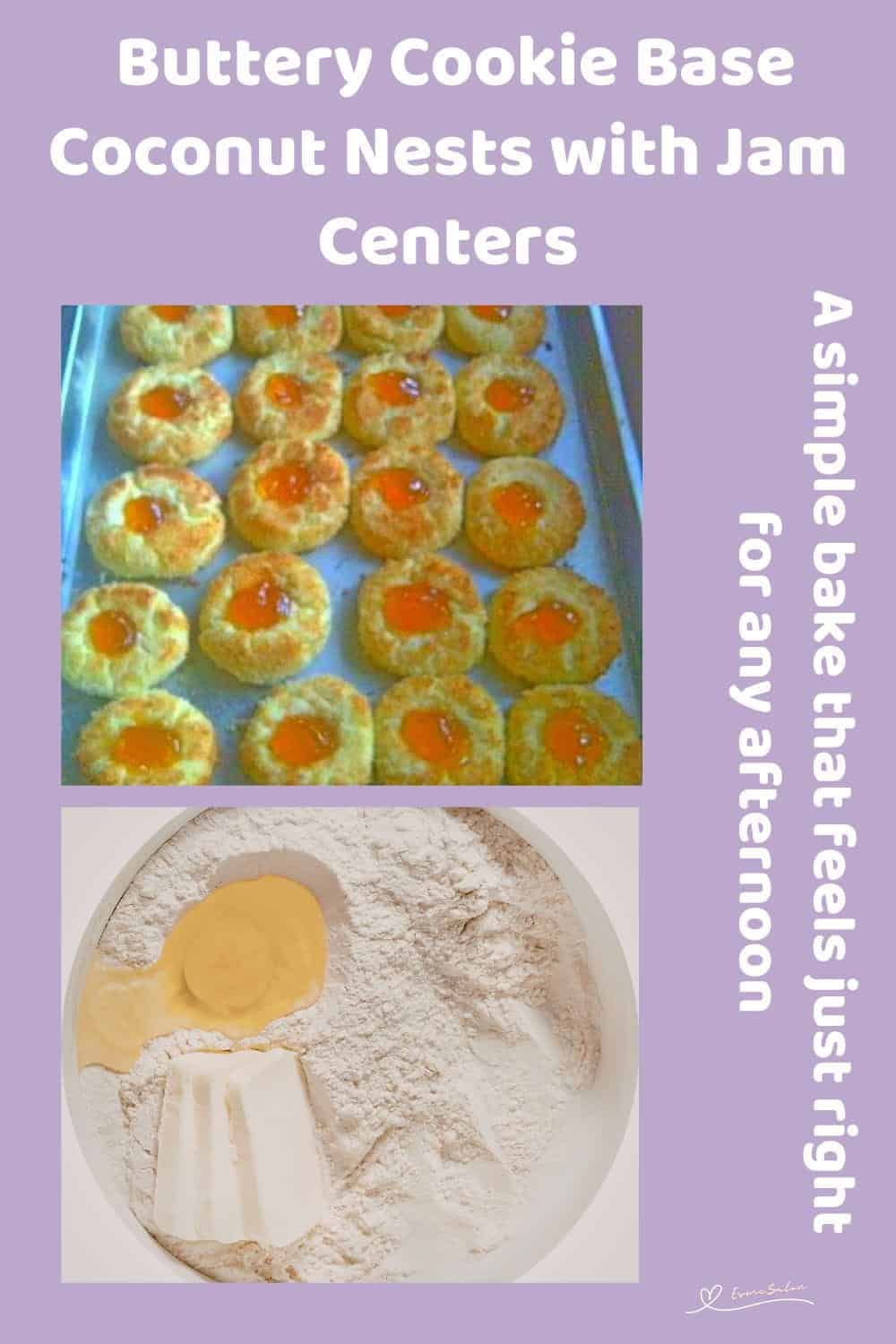 An image of Coconut Nests with Jam Centers on a blue platter