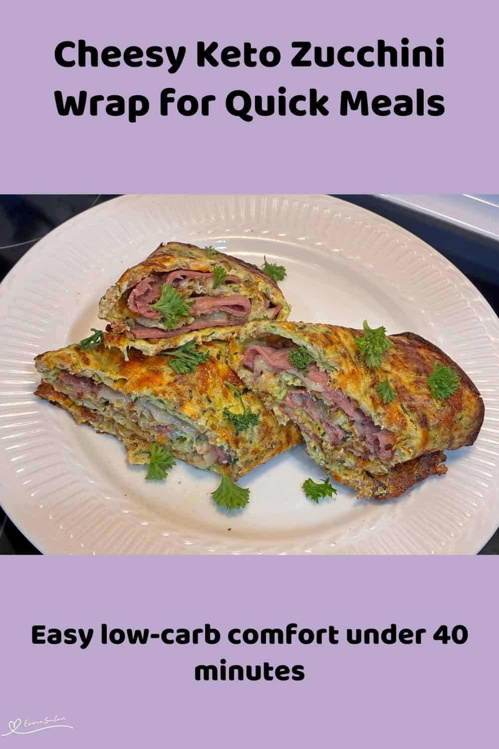 An image of a Cheesy Keto Zucchini Wrap in various stages of preparation and sliced up and served on a white platter