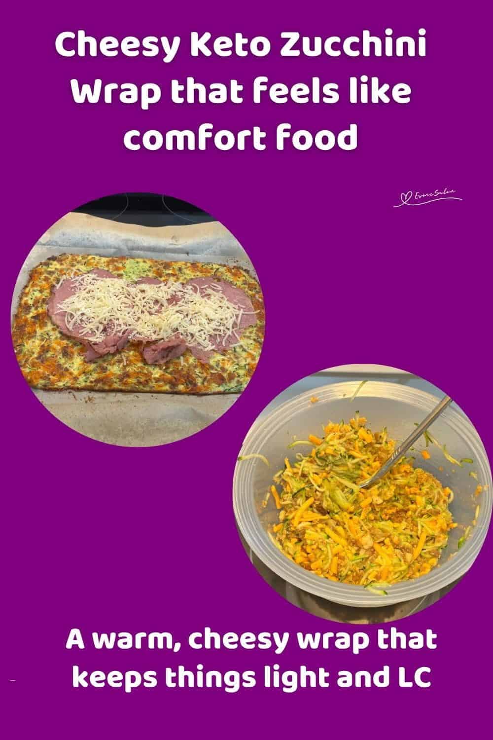 An image of a Cheesy Keto Zucchini Wrap in various stages of preparation and sliced up and served on a white platter