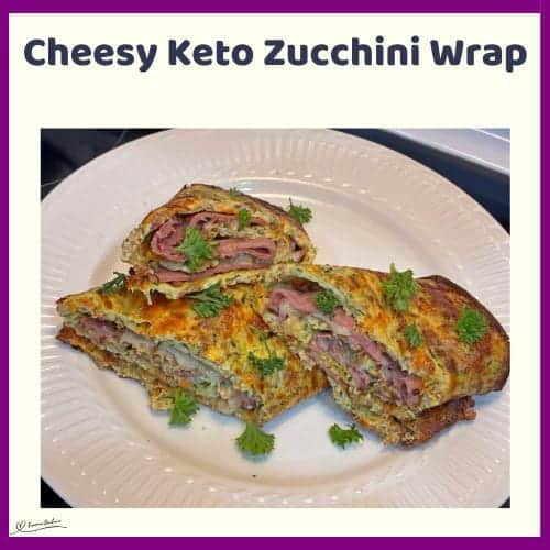 An image of a Cheesy Keto Zucchini Wrap in various stages of preparation and sliced up and served on a white platter