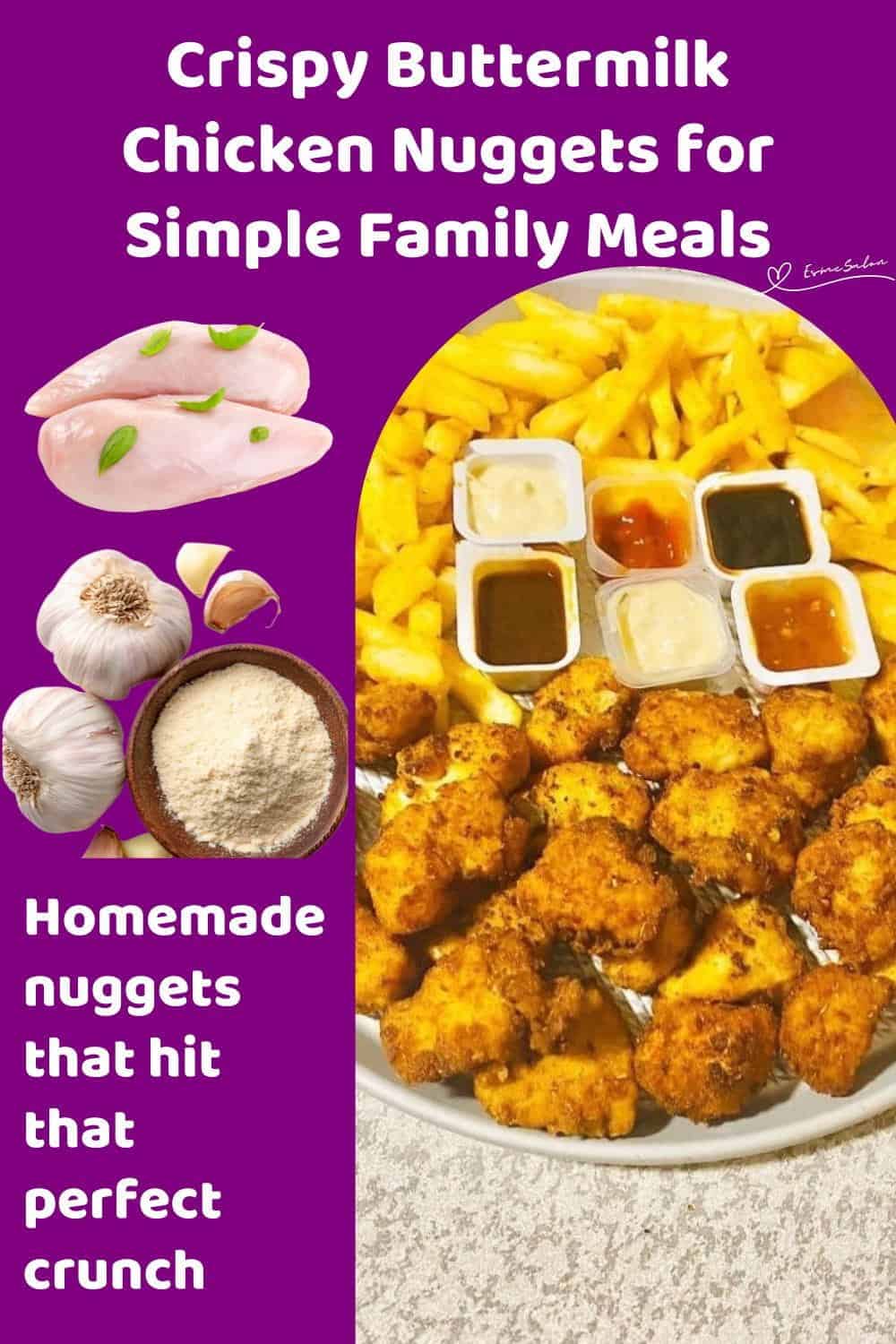 An image of a round white dish filled with Crispy Buttermilk Chicken Nuggets and Fries with condiments