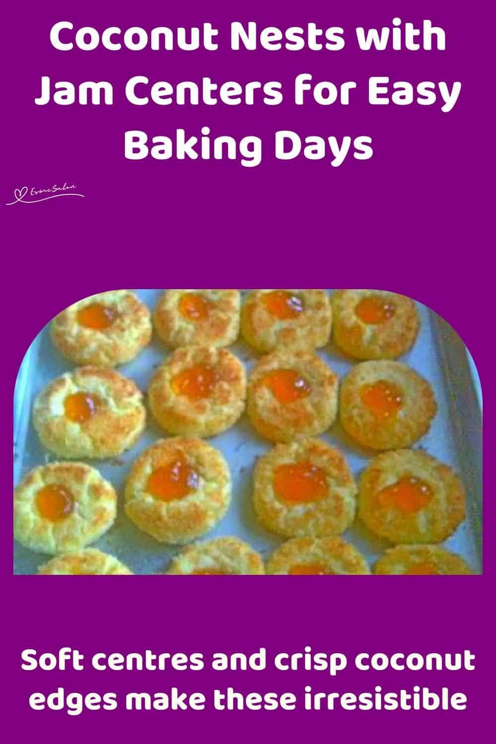 An image of Coconut Nests with Jam Centers on a blue platter