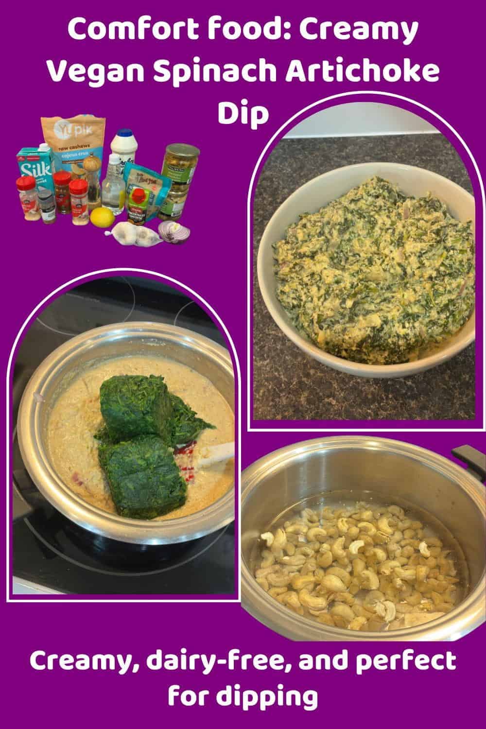 An image of a one-pot creamy vegan spinach artichoke dip made of raw cashew nuts
