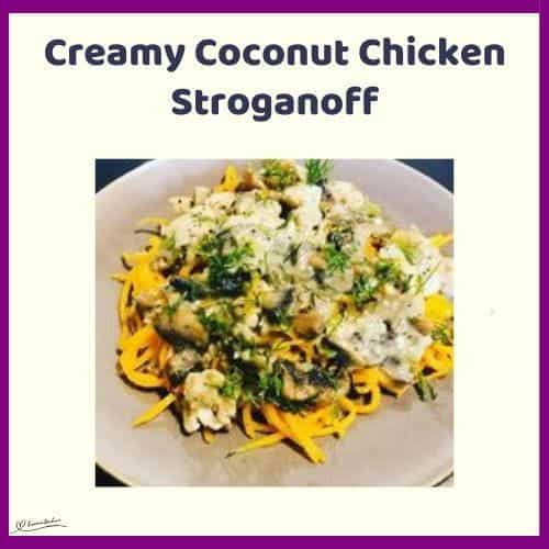 An image of a plate filled with Creamy Coconut Chicken Stroganoff and Butternut Noodles
