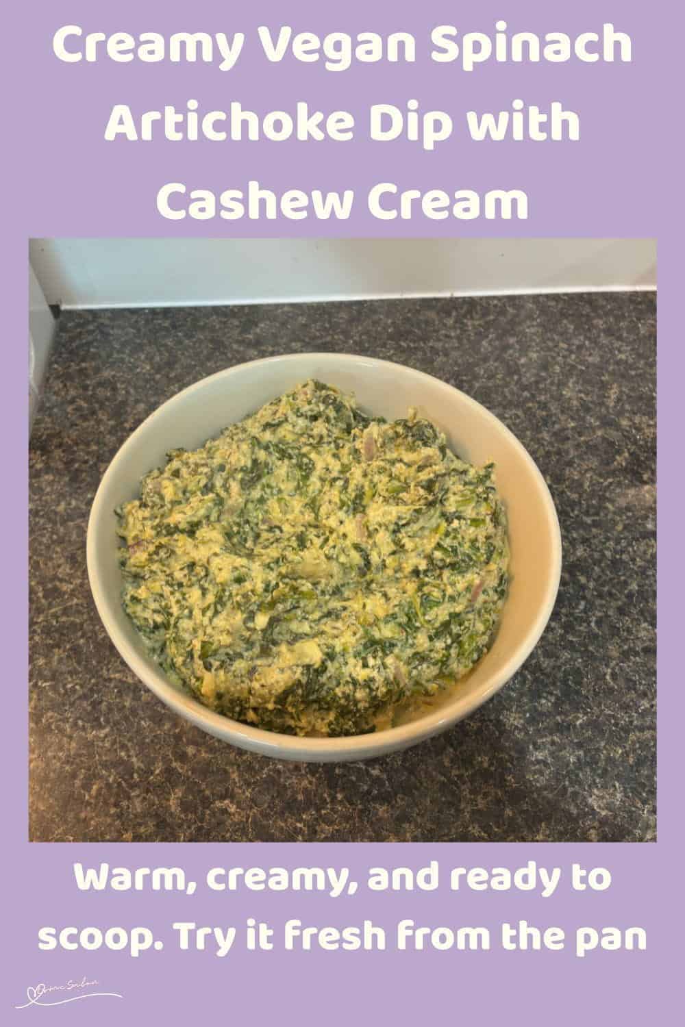 An image of a one-pot creamy vegan spinach artichoke dip made of raw cashew nuts