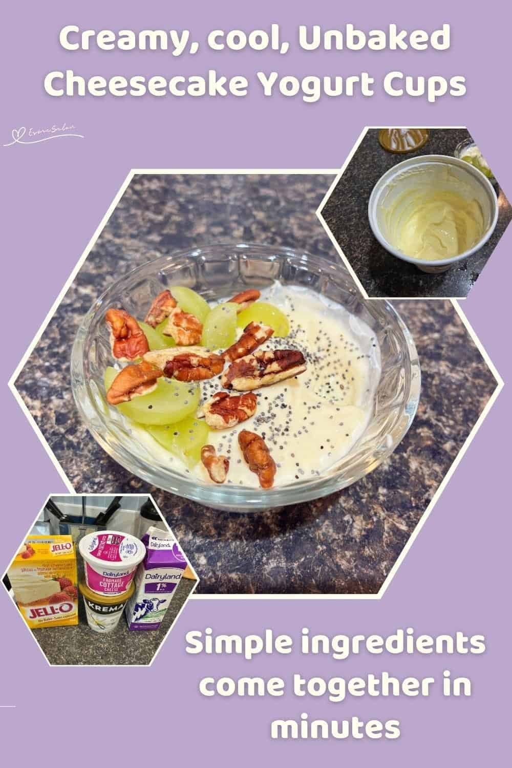 An image of a single serving of Unbaked Cheesecake Yogurt Cups with fruit and nuts