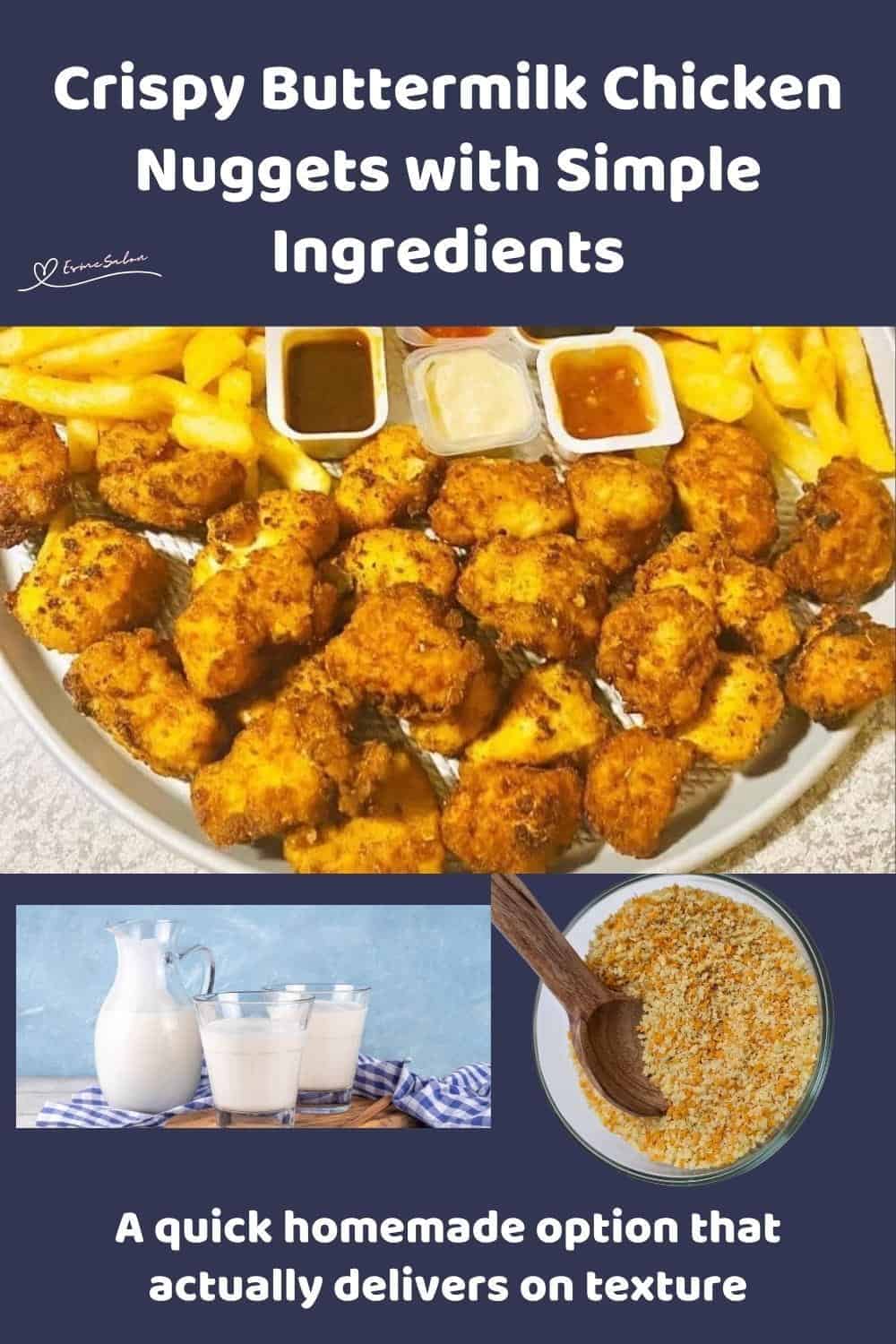 An image of a round white dish filled with Crispy Buttermilk Chicken Nuggets and Fries with condiments
