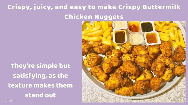 An image of a round white dish filled with Crispy Buttermilk Chicken Nuggets and Fries with condiments