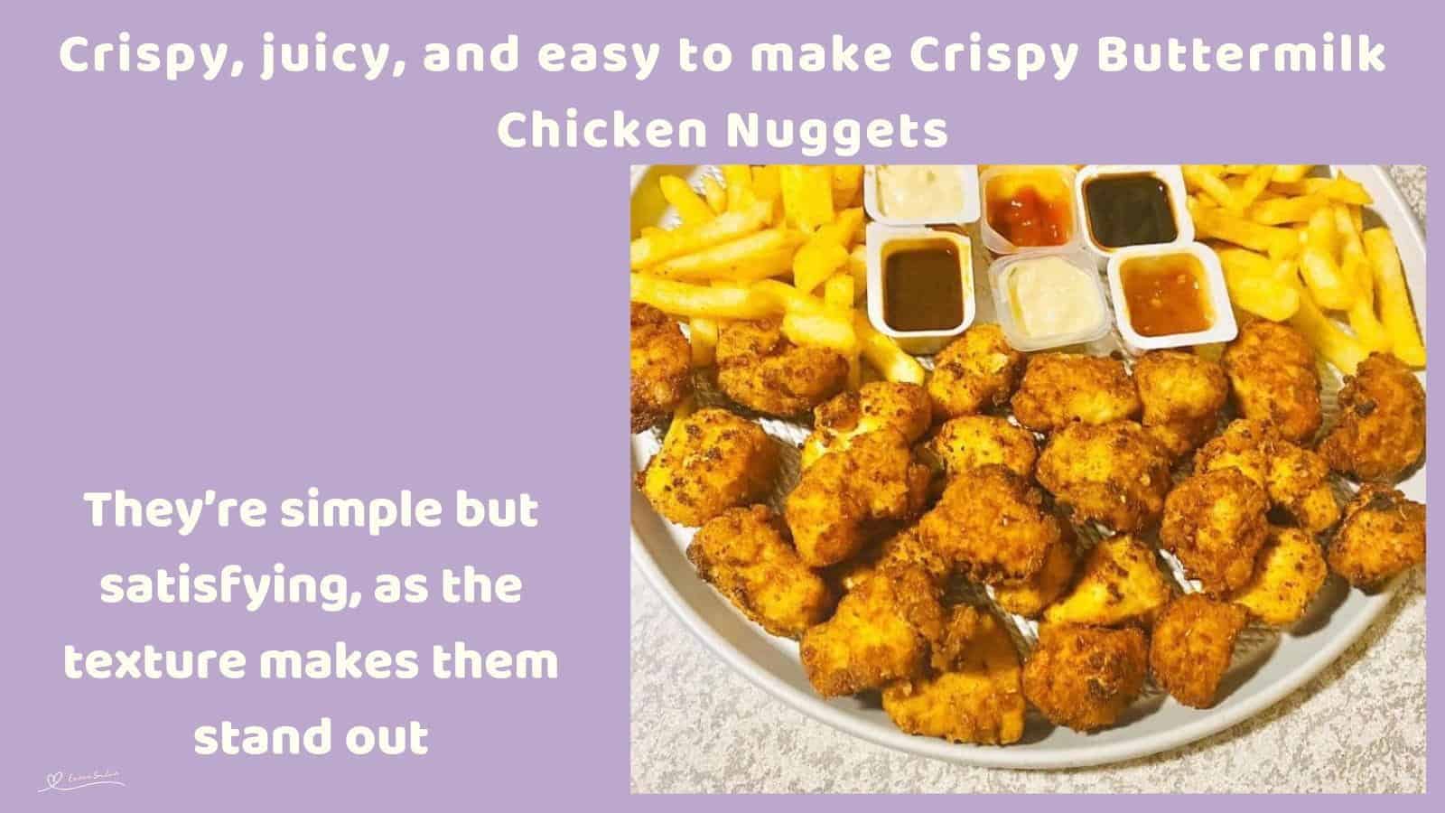 An image of a round white dish filled with Crispy Buttermilk Chicken Nuggets and Fries with condiments