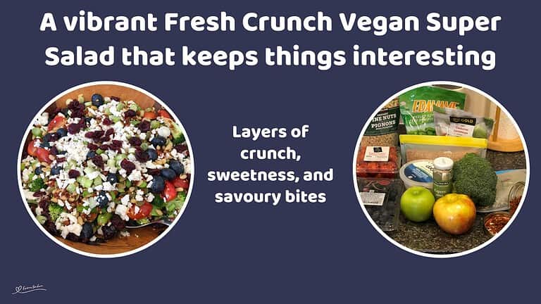An image of a Fresh Crunch Vegan Super Salad in a wooden oblong bowl