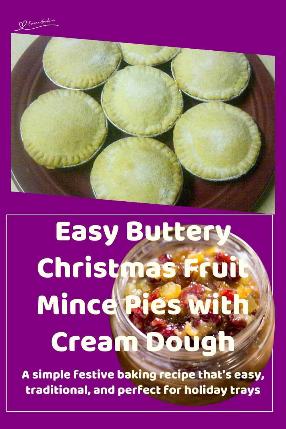 An image of a baking tray and wooden platter with Buttery Christmas Fruit Mince Pies