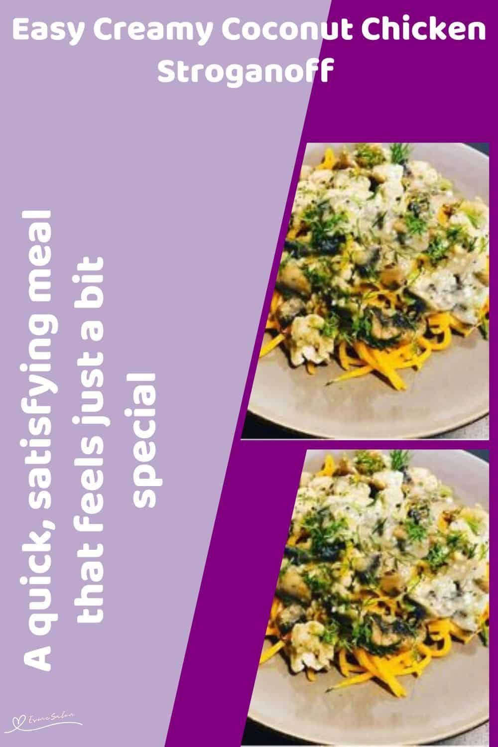 An image of a plate filled with Creamy Coconut Chicken Stroganoff and Butternut Noodles
