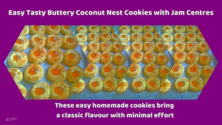 An image of Coconut Nests with Jam Centers on a blue platter