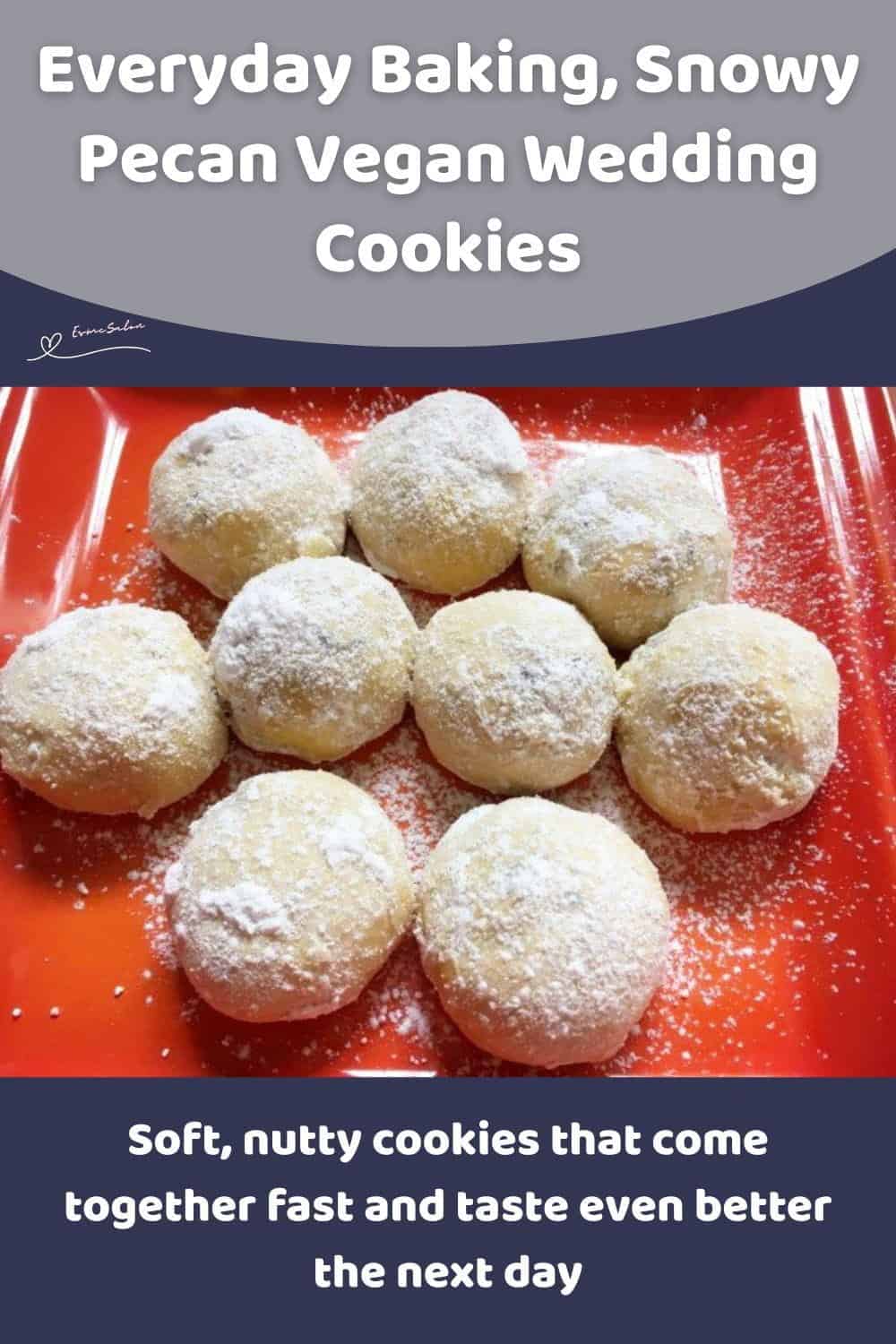 An image of a red platter with Snowy Pecan Vegan Wedding Cookies