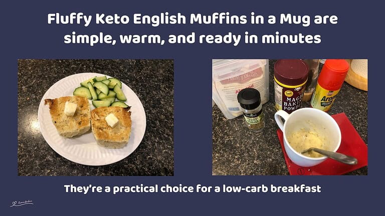 An image of Fluffy Keto English Muffins in a Mug plated with cucumber slices on the side