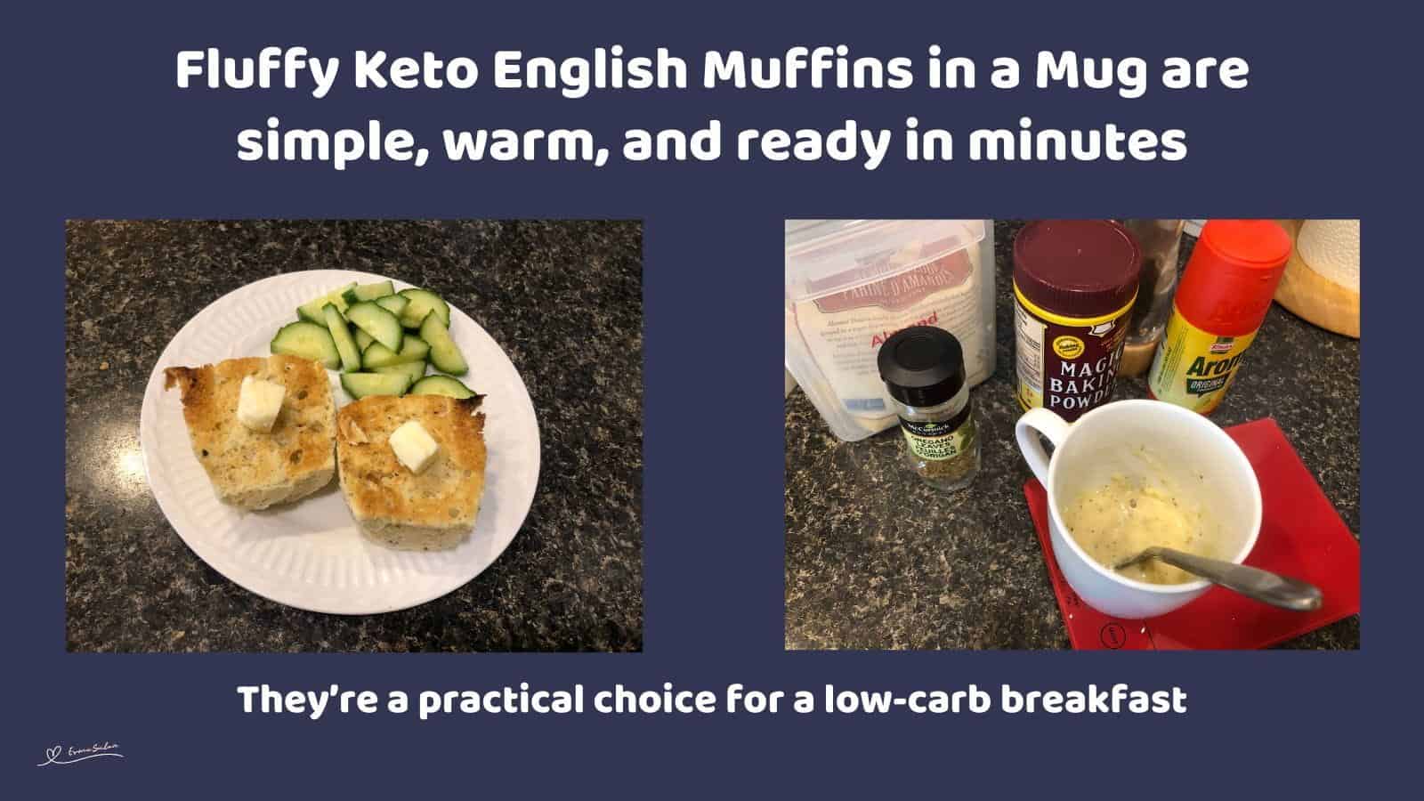 An image of Fluffy Keto English Muffins in a Mug plated with cucumber slices on the side