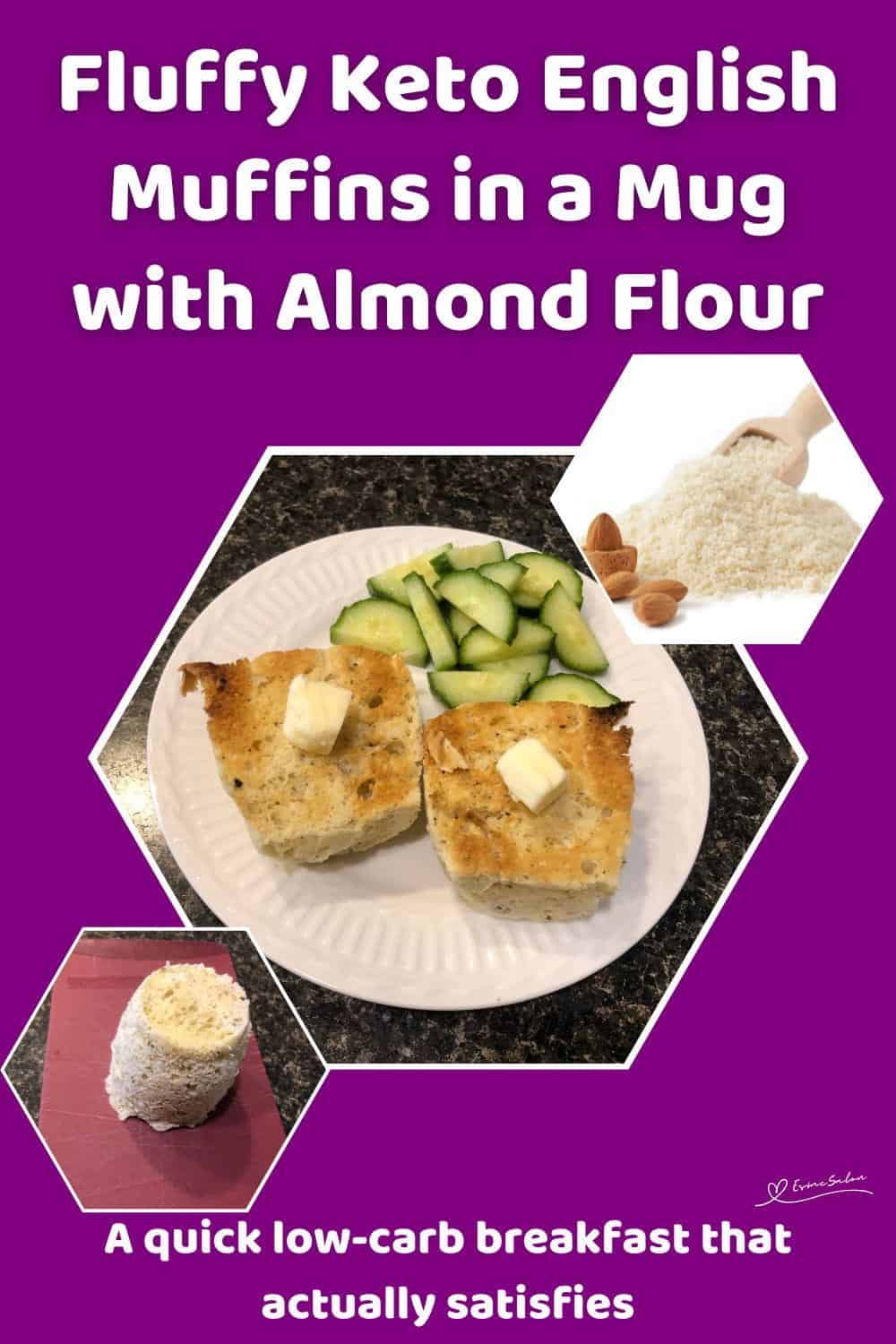 An image of Fluffy Keto English Muffins in a Mug plated with cucumber slices on the side