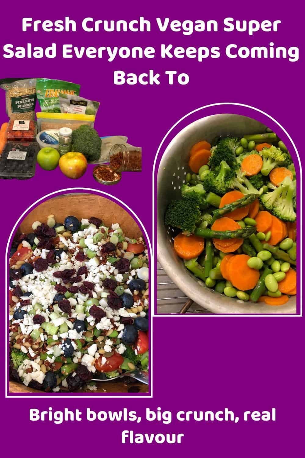 An image of a Fresh Crunch Vegan Super Salad in a wooden oblong bowl