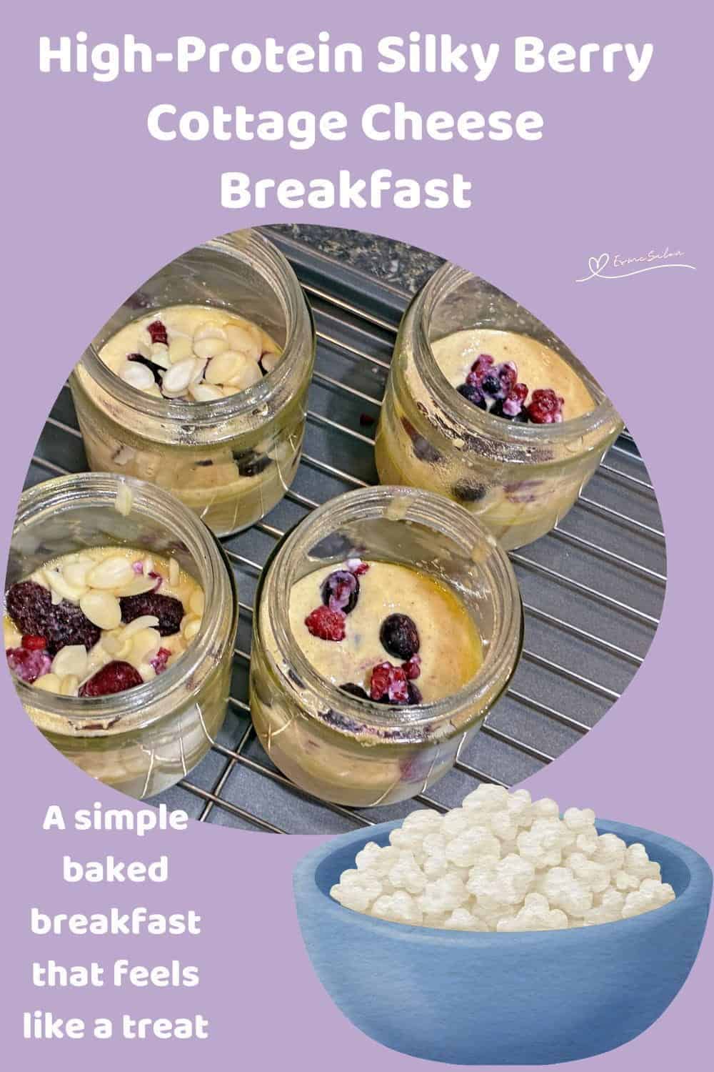 An image of in the making and 4 glass jars filled with a Berry Cottage Cheese Breakfast