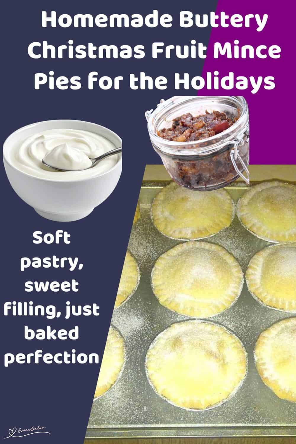 An image of a baking tray and wooden platter with Buttery Christmas Fruit Mince Pies