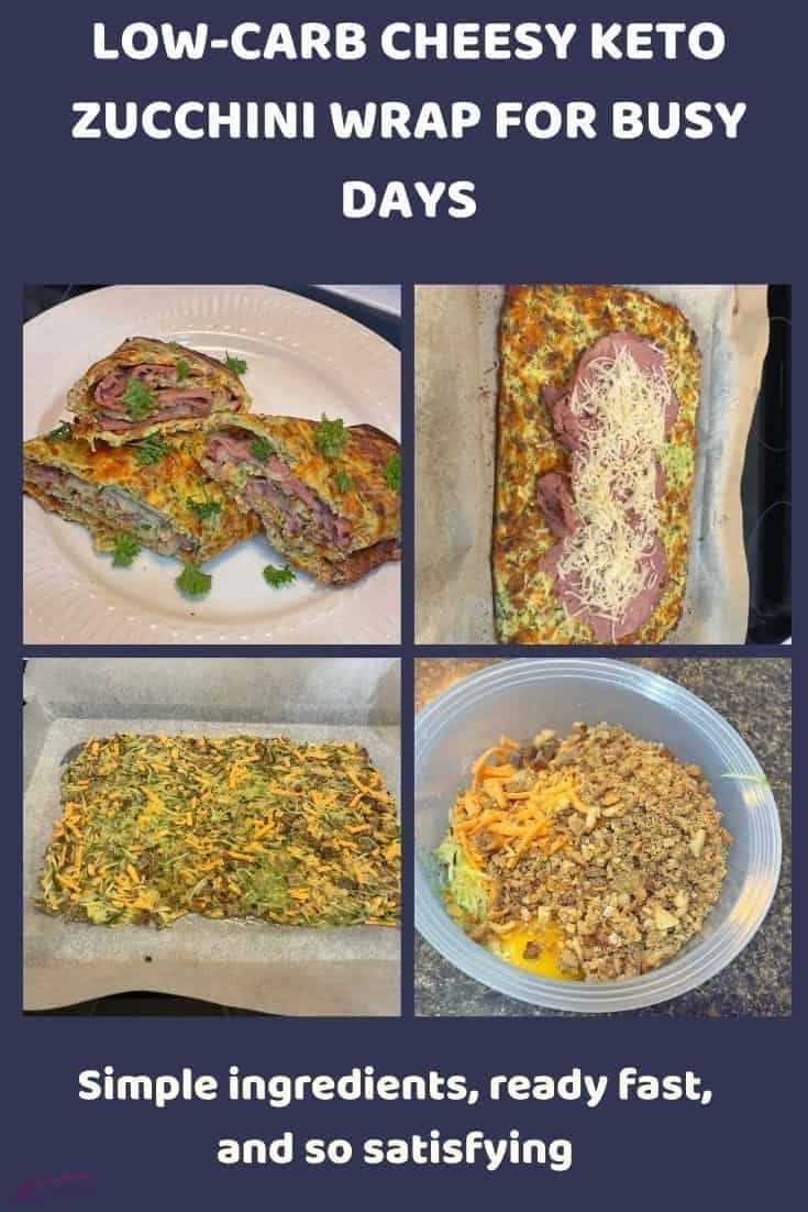 An image of a Cheesy Keto Zucchini Wrap in various stages of preparation and sliced up and served on a white platter