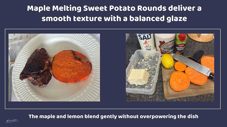 An image of Maple Melting Sweet Potato Rounds served with a slice of charred steak