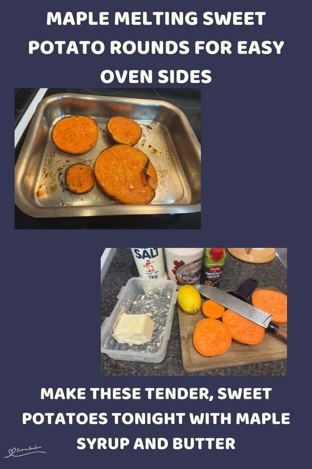 An image of Maple Melting Sweet Potato Rounds served with a slice of charred steak