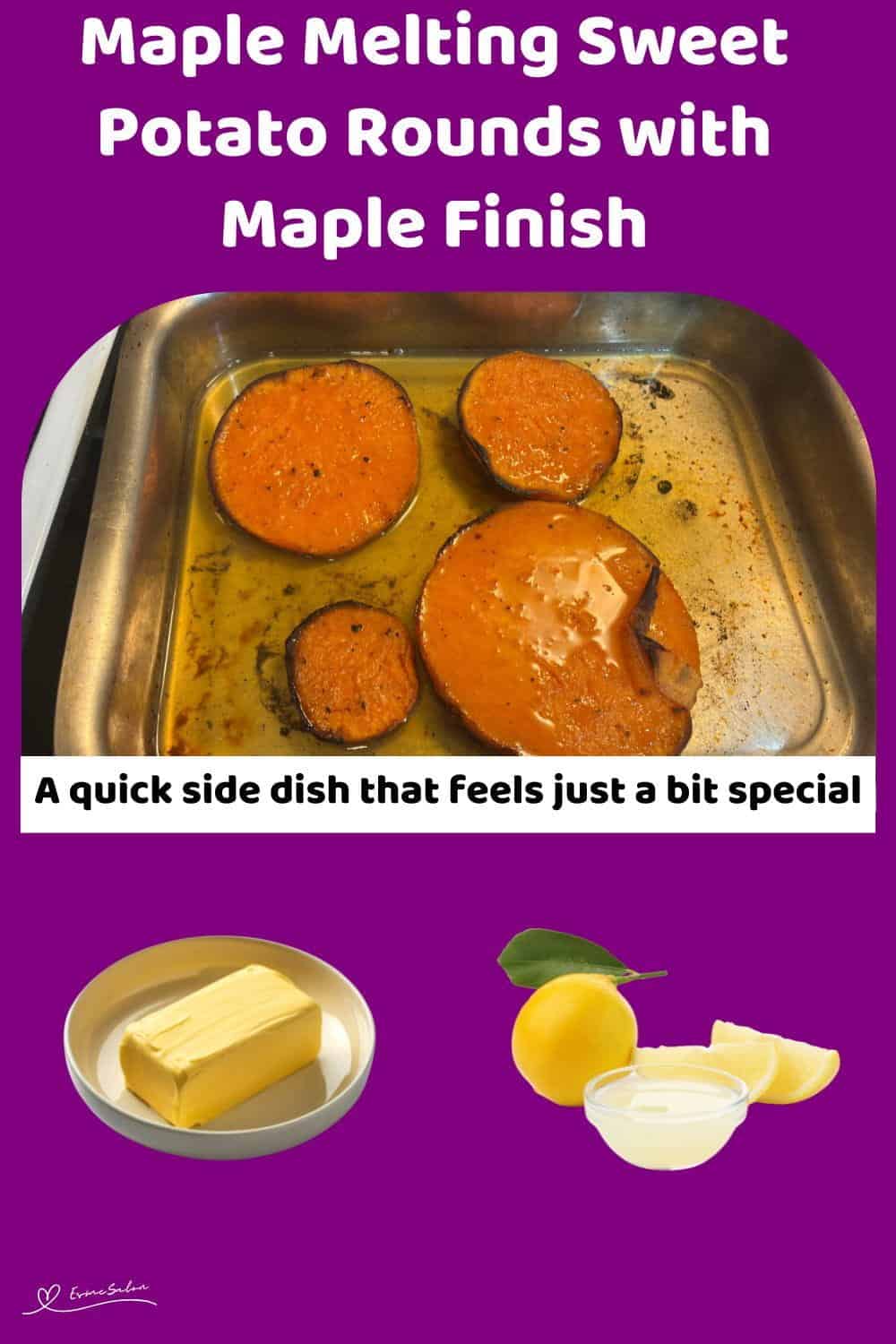 An image of Maple Melting Sweet Potato Rounds served with a slice of charred steak