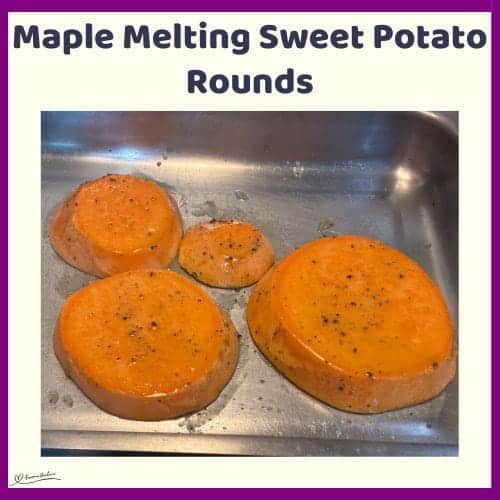 An image of Maple Melting Sweet Potato Rounds served with a slice of charred steak