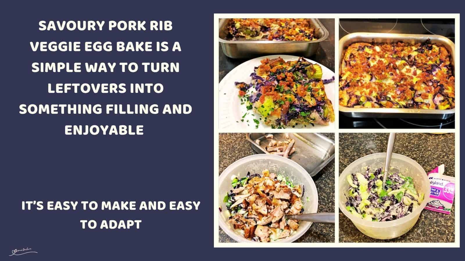 An image of a dish of Savoury Pork Rib Veggie Egg Bake and also in preparation