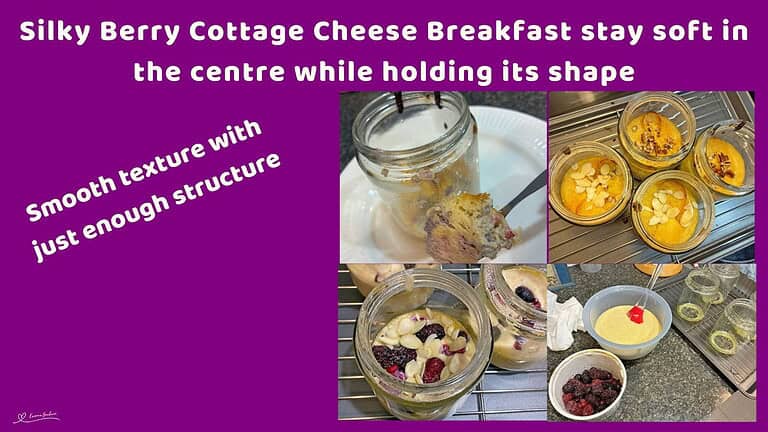 An image of in the making and 4 glass jars filled with a Berry Cottage Cheese Breakfast