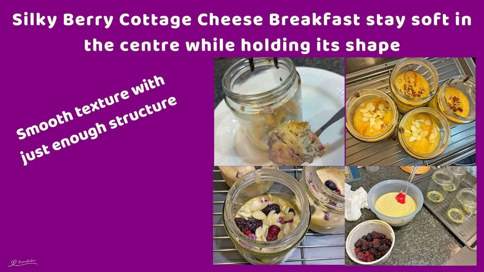 An image of in the making and 4 glass jars filled with a Berry Cottage Cheese Breakfast