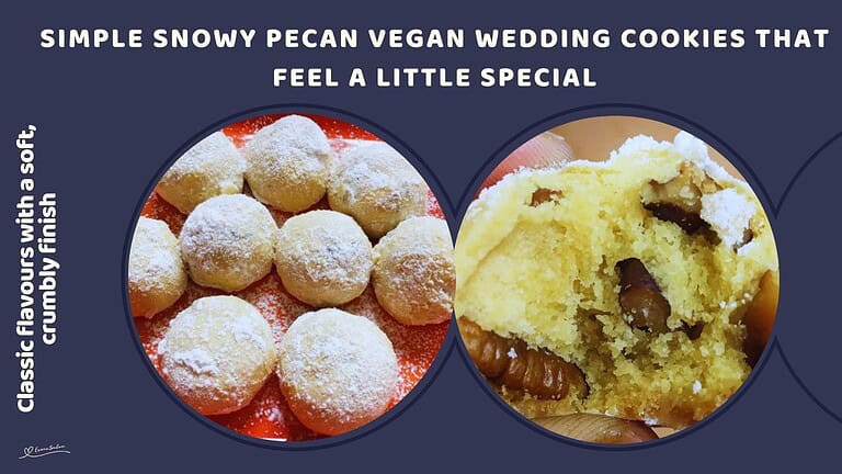 An image of a red platter with Snowy Pecan Vegan Wedding Cookies
