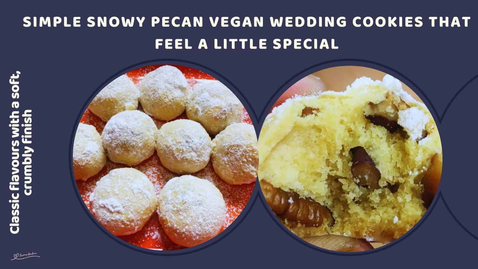 An image of a red platter with Snowy Pecan Vegan Wedding Cookies