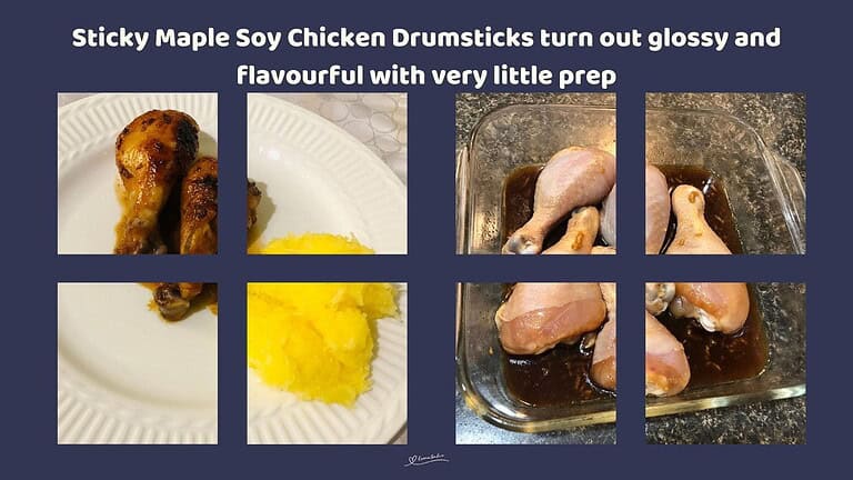 An image of Sticky Maple Soy Chicken Drumsticks with spaghetti squash on the side